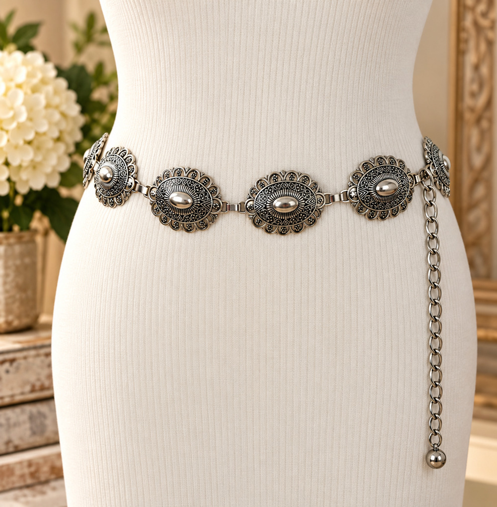 Silver Tone Ornate Medallion Chain Belt 47" Boho Western Adjustable Statement